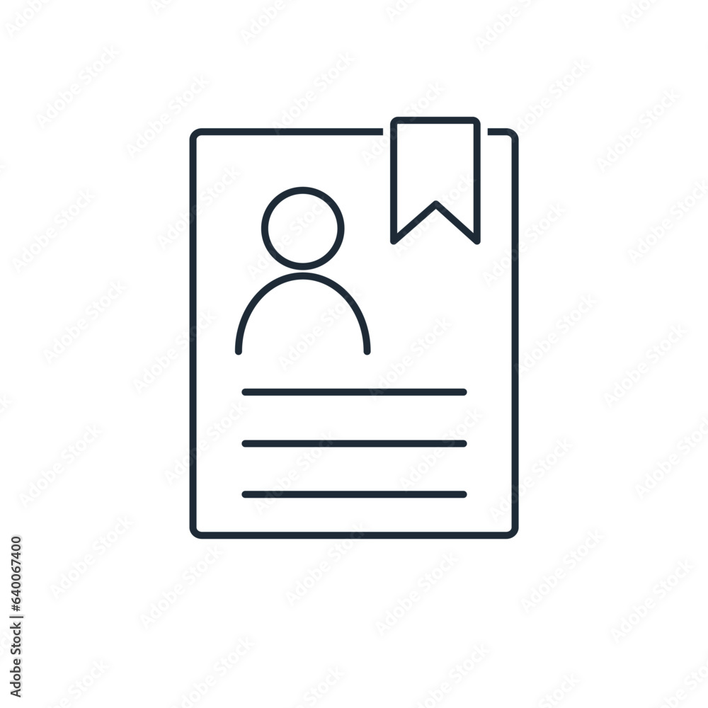 A document with a photo of a specialist and a bookmark. Personal professional information. Related to Recruitment. Vector linear icon isolated on white background. A document with a photo of a specialist and a bookmark. Personal professional information. Related to Recruitment. Vector linear icon isolated on white background.