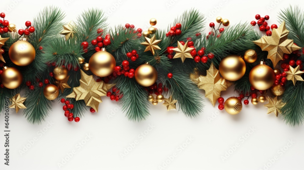 Festive Christmas garland, isolated on white background. Fir green branches are decorated with gold stars, fir cones and red berries. Christmas decor. Festive Christmas garland, isolated on white background. Fir green branches are decorated with gold stars, fir cones and red berries. Christmas decor.