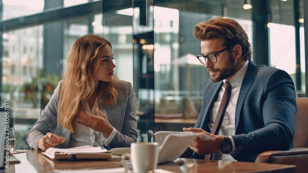 Two business people, a business man and a business woman, engage in a discussion as they read a financial report together. Two business people, a business man and a business woman, engage in a discussion as they read a financial report together.
