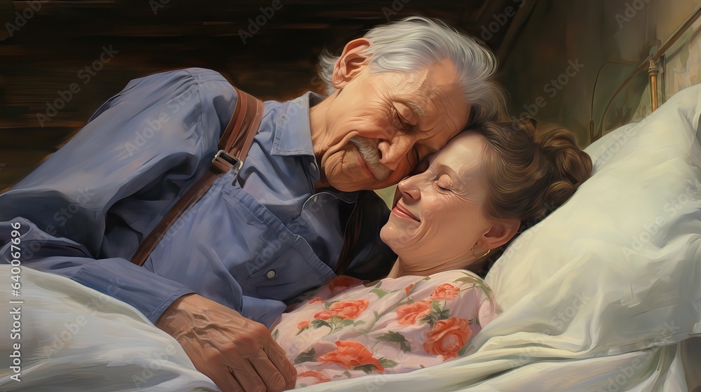 An elderly couple lying in bed, their faces aglow with love and contentment after decades of marriage. The image encapsulates the enduring power of love and commitment. Generative AI. - obrazy, fototapety, plakaty 