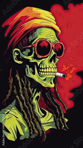 A whimsical illustration of a Rastafarian zombie skeleton puffing on a cigar  embodying a laid-back and carefree lifestyle. The image serves as a lighthearted take on living life. Generative AI