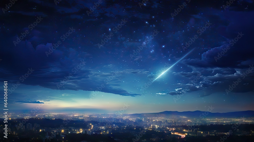 A captivating image featuring a stunning starry sky over a cityscape, accentuated by a hopeful shooting star that lights up the heavens, inviting wishes and dreams. Generative AI. A captivating image featuring a stunning starry sky over a cityscape, accentuated by a hopeful shooting star that lights up the heavens, inviting wishes and dreams. Generative AI.
