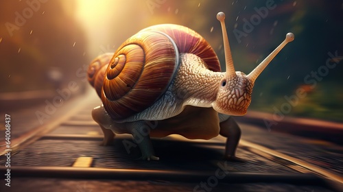 An imaginative image depicting a snail zooming rapidly toward a finish line, defying its slow-moving stereotype and illustrating the concept of unexpected victory. Generative AI. © Sebastián Hernández