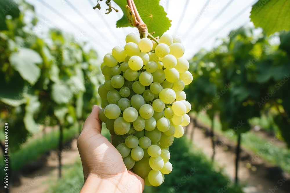 hand hold grapes in greenhouses
