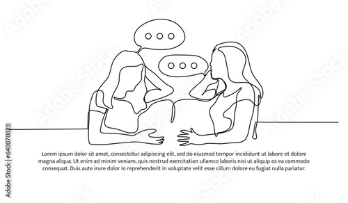One continuous line design of two women talking casually. Decorative elements drawn on a white background.