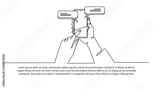 One continuous line design of hand holds the smartphone with messenger application. Decorative elements drawn on a white background.