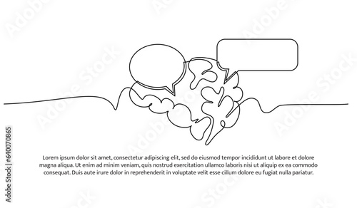 One continuous line design of speech bubble and human brain. Decorative elements drawn on a white background.
