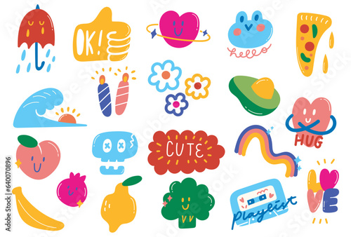 set of cute cartoon stickers in doodle style