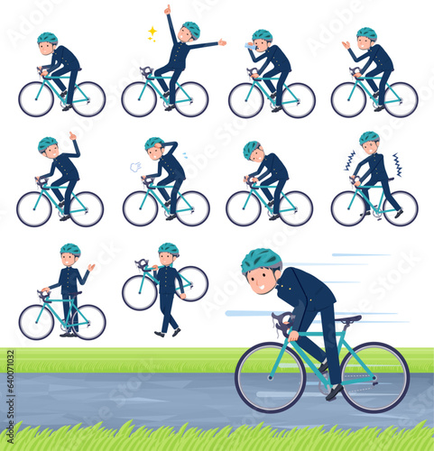 ロードバイクに乗った学ラン男子学生のセット