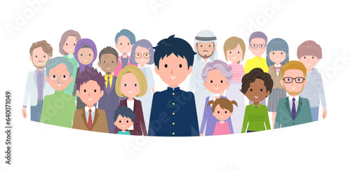 大勢の前に立つ学ラン男子学生のセット