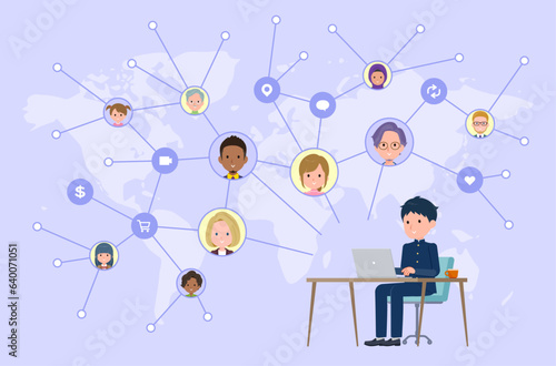 PCを操作してソーシャルメディアで情報を発信している学ラン男子学生のセット