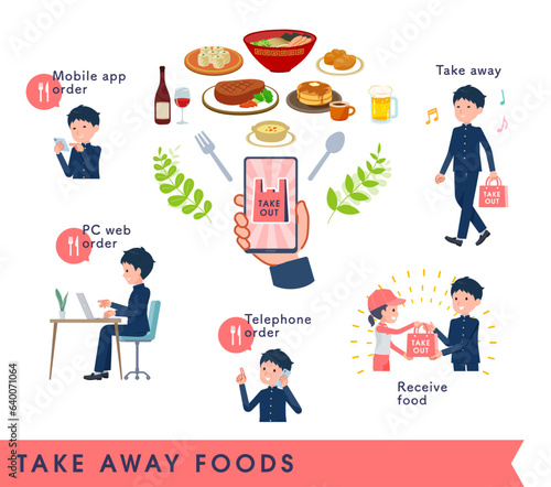 テイクアウトをする学ラン男子学生のセット