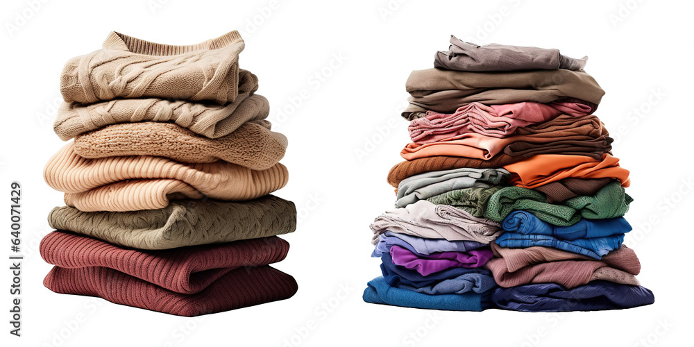 Stack of colorful clothes on transparent background Generative AI - obrazy, fototapety, plakaty 