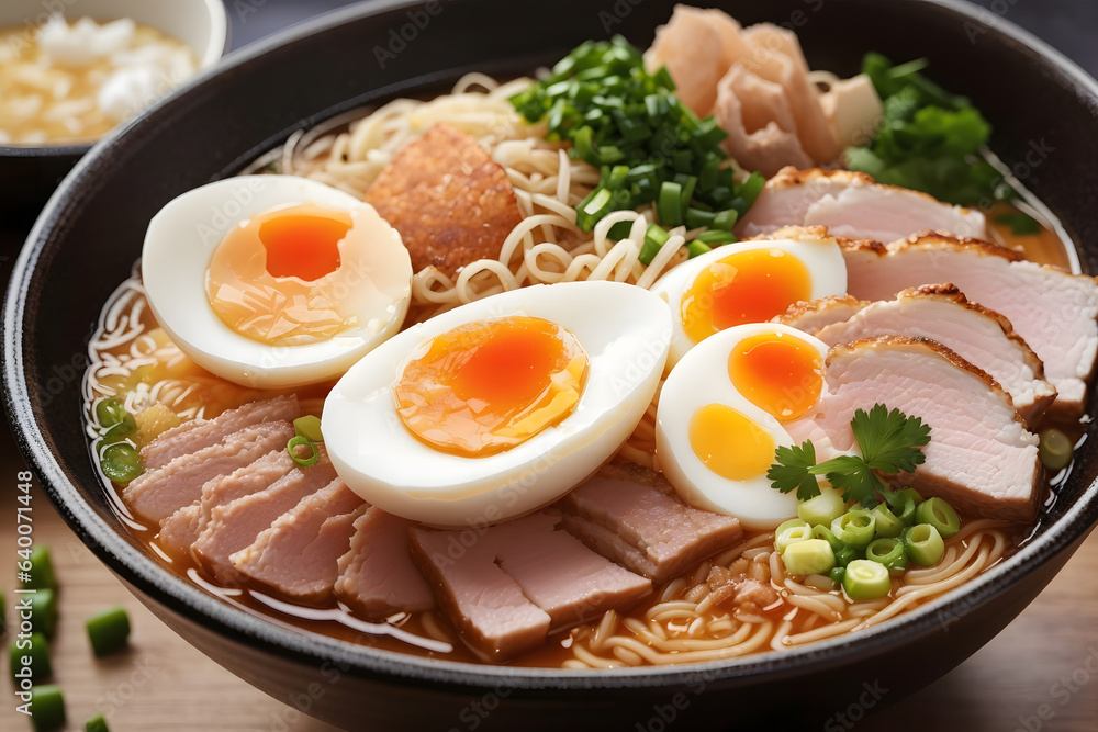 Homemade ramen soup with meat, seaweed and egg pieces, a savory Asian curry dish Homemade ramen soup with meat, seaweed and egg pieces, a savory Asian curry dish