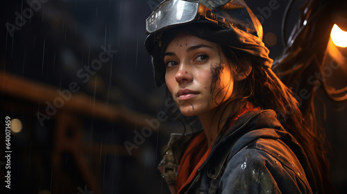 female miner with dirty face in mine, AI generated photo