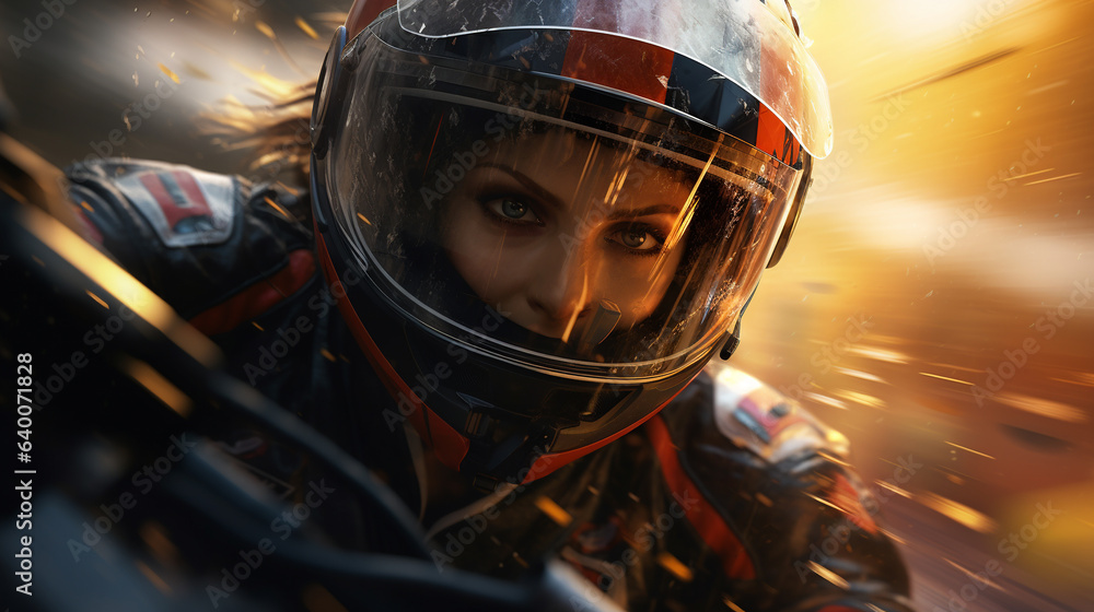a girl on a bike in a racing helmet with a beautiful blur, generated by AI a girl on a bike in a racing helmet with a beautiful blur, generated by AI