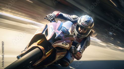 a motorcyclist on a sports bike on a racing track enters a turn at speed, generated by AI