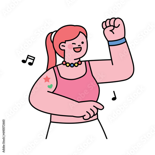 Festival. A woman in a crop top is dancing happily.