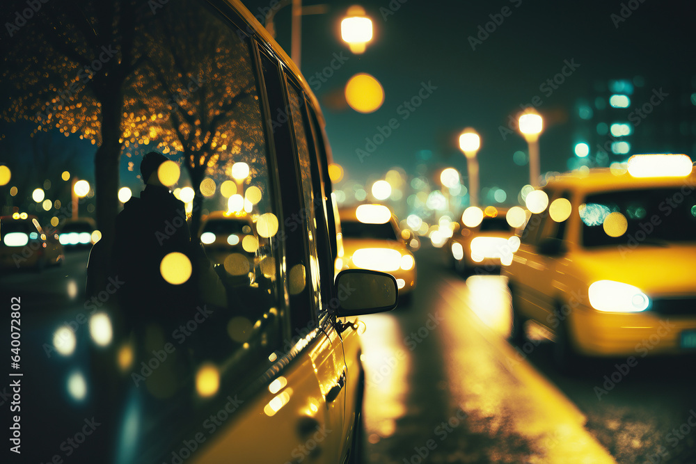 ai generated Illustration night city taxi driver, rain, lighting street. Yellow car - obrazy, fototapety, plakaty 