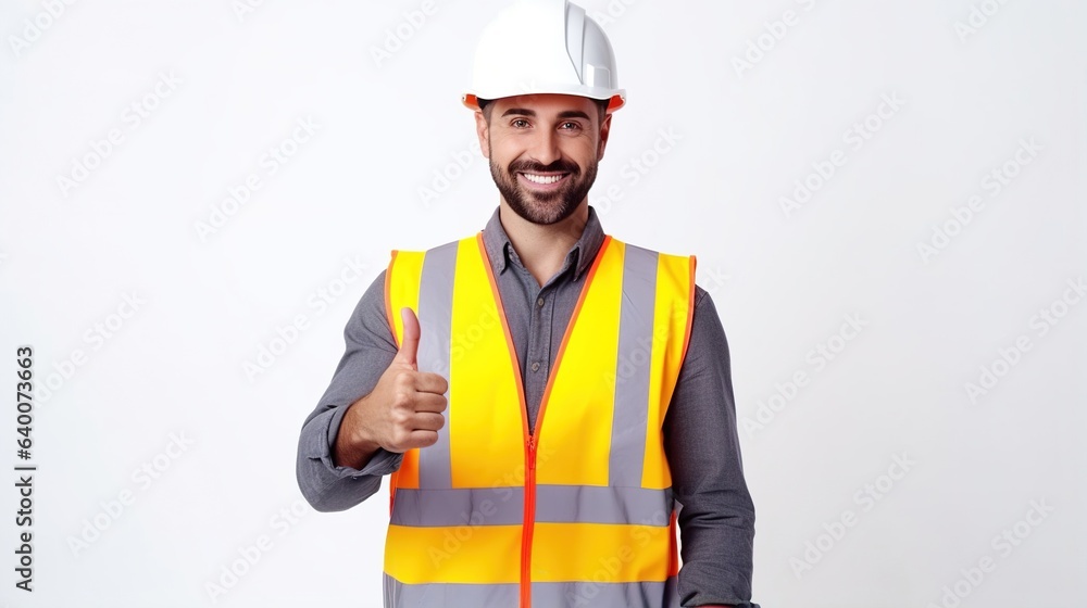 Young architect man with crossed arms and a smile over an empty background wearing a builder's safety helmet. generative ai Young architect man with crossed arms and a smile over an empty background wearing a builder's safety helmet. generative ai