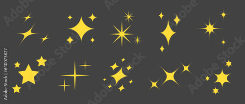 Gold sparkles and stars set. Yellow twinkles and sparks collection. Christmas and New Year decoration elements bundle. Vector Xmas illustration pack
