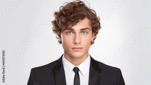 Close up handsome young businessman against white background and looking at camera