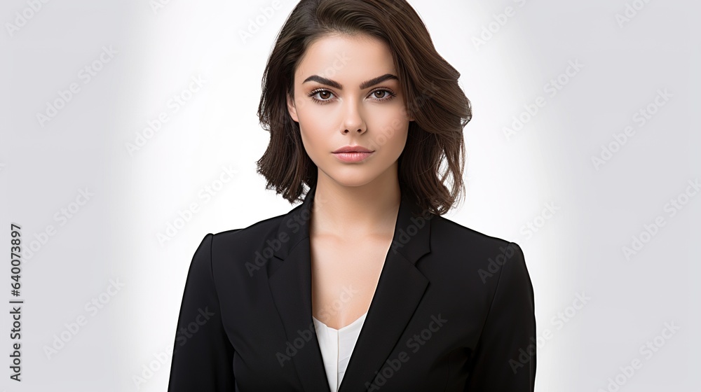 Portrait of a self-assured female white collar worker with her arms crossed. A lovely businesswoman with long brown hair. She is set against a white backdrop. generative ai Portrait of a self-assured female white collar worker with her arms crossed. A lovely businesswoman with long brown hair. She is set against a white backdrop. generative ai