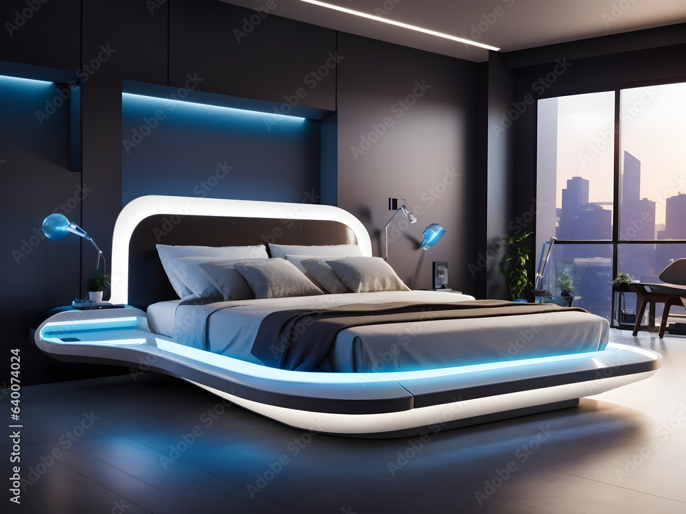 Modern bedroom design with white mattress and pillows, long LED lights, futuristic design Modern bedroom design with white mattress and pillows, long LED lights, futuristic design