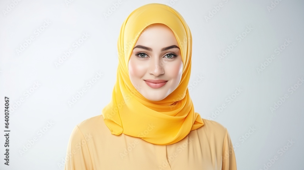 Portrait of beautiful muslim woman in hijab. Close-up of confident young female is wearing yellow hijab. generative ai Portrait of beautiful muslim woman in hijab. Close-up of confident young female is wearing yellow hijab. generative ai