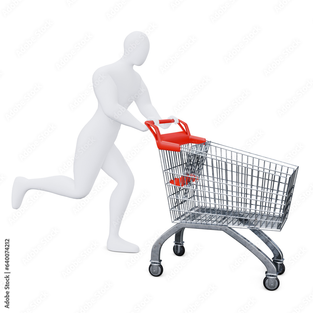 The 3d Human Is Pushing the Shopping Cart Energetically. 3d Shopping Concept. The 3d Human Is Pushing the Shopping Cart Energetically. 3d Shopping Concept.
