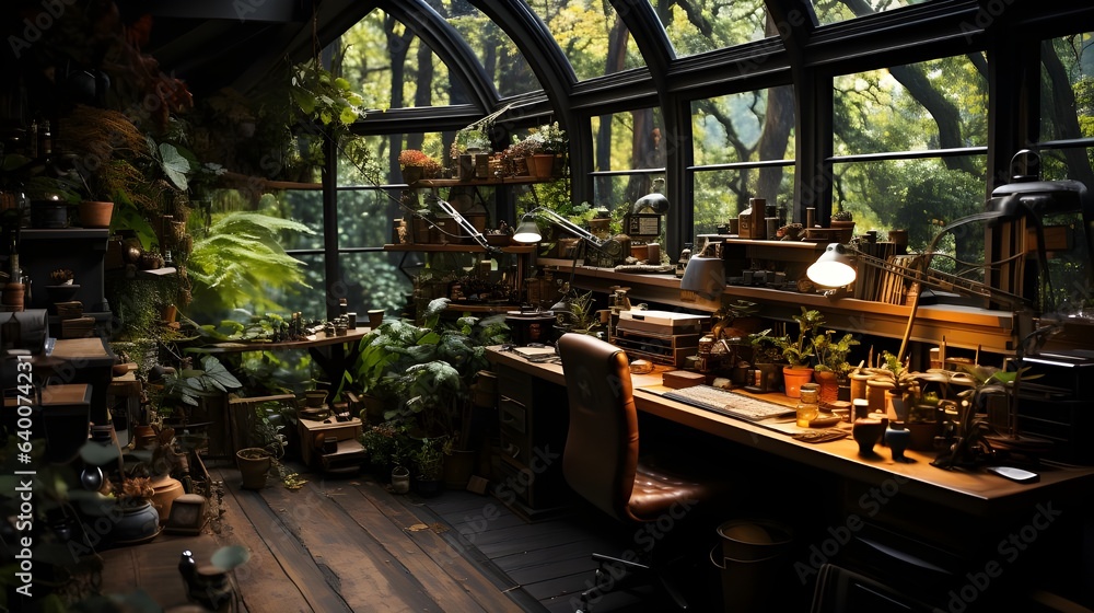 Workspace with natural materials such as wood and plants