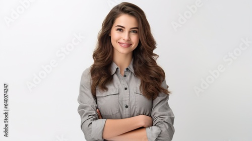 Business woman looking at camera isolated on white background.