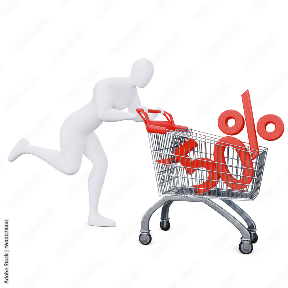 The 3d Human Is Pushing the Discount Shopping Cart Energetically. 3d Shopping Concept. The 3d Human Is Pushing the Discount Shopping Cart Energetically. 3d Shopping Concept.