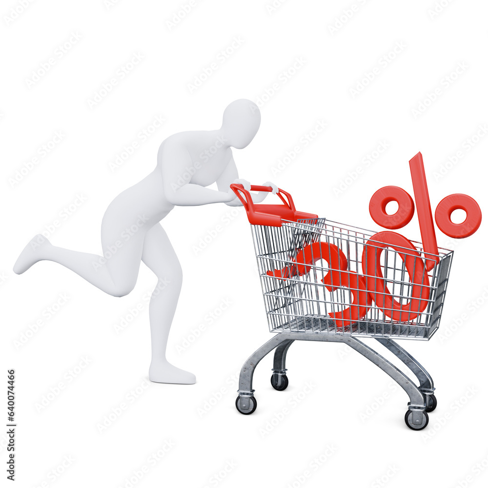 The 3d Human Is Pushing the Discount Shopping Cart Energetically. 3d Shopping Concept. The 3d Human Is Pushing the Discount Shopping Cart Energetically. 3d Shopping Concept.