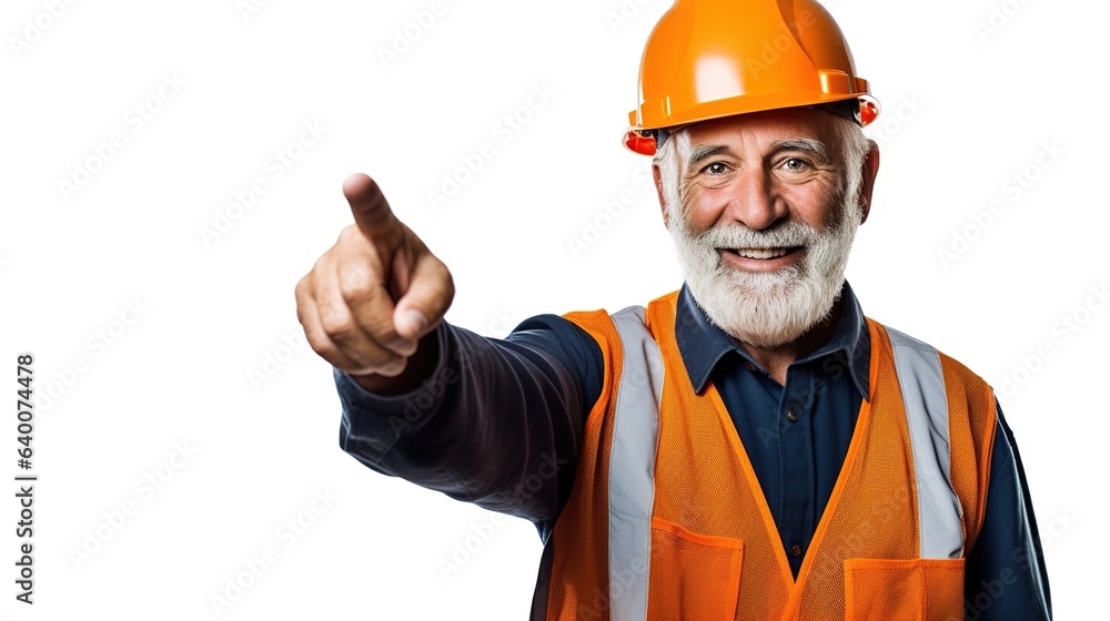 Senior construction worker (Engineer / Architect / Developer) isolated on white holding a blank sign indicating something with his index finger. generative ai