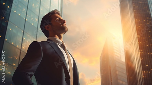 businessman standing in modern city looking and dreaming of future business success, thinking of new goals