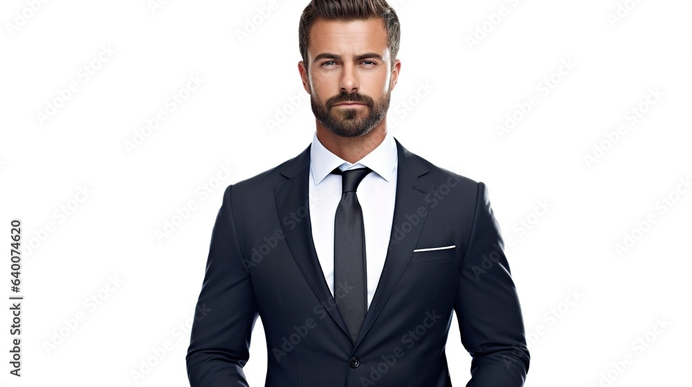 A businessman stands against a white background. Portrait of a self-assured masculine executive. generative ai A businessman stands against a white background. Portrait of a self-assured masculine executive. generative ai