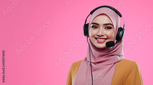 Young muslim women wearing hijab telemarketer or call center agent with headset working on support hotline.