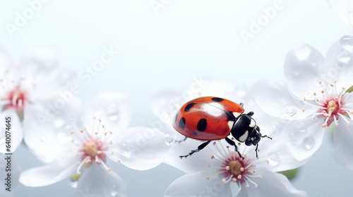 Ladybug lay on a white flower with copy space.