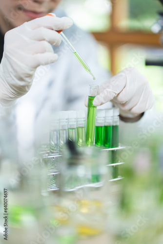 science research technology of plant leaf laboratory for medicine chemistry, medicals scientist working with scientific chemical test of nature green biology for health or biotechnology health care