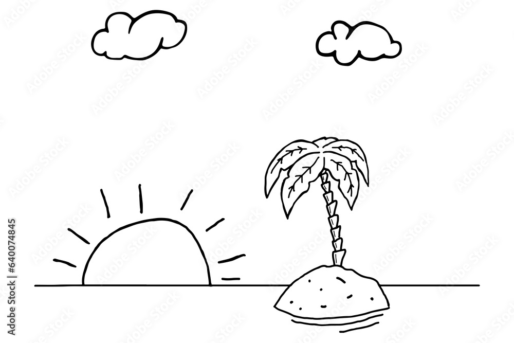 Naklejka premium Digital png illustration of palm tree on desert island with clouds and sun on transparent background