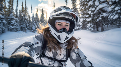 Close up portrait of woman wearing protective helmet and ski goggles riding snowmobiles along snowy icy road in wintertime