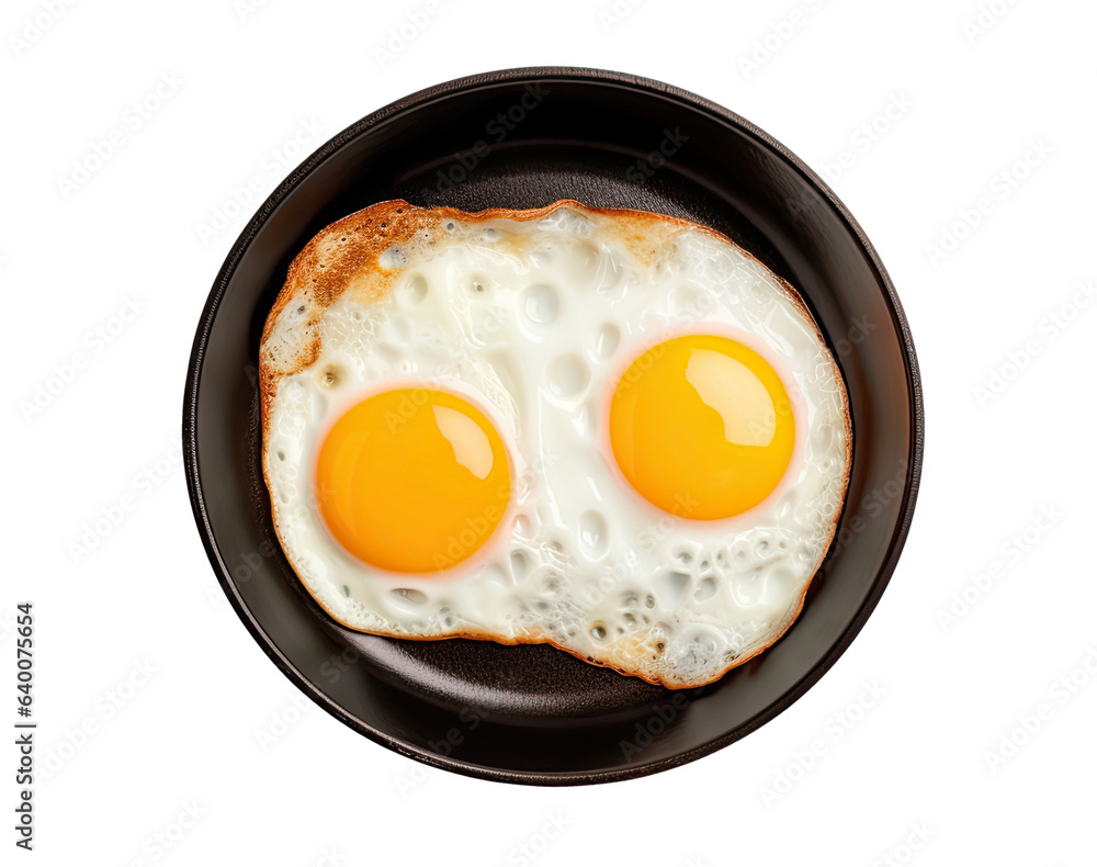 Two fried eggs in cast iron pan cut out, top view Two fried eggs in cast iron pan cut out, top view