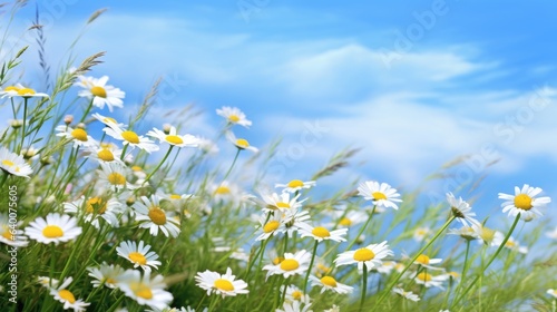 Flowers in a field of chamomile and blue wild peas against a blue sky with clouds in the morning. Nature landscape, macro shot.