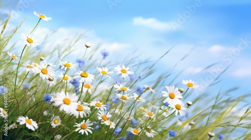 Flowers in a field of chamomile and blue wild peas against a blue sky with clouds in the morning. Nature landscape, macro shot.