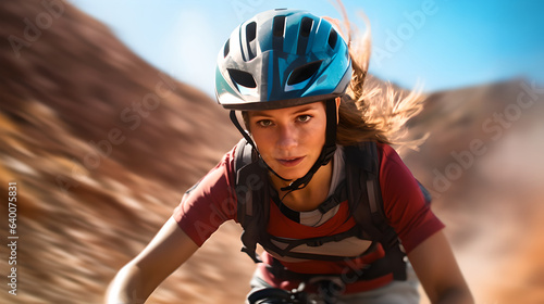 Portrait of young woman in helmet and google riding downhill mountainbike