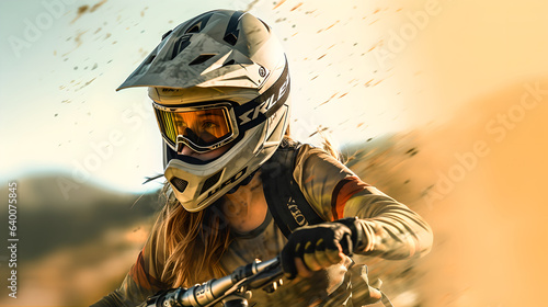 Portrait of young woman in helmet and google riding downhill mountainbike