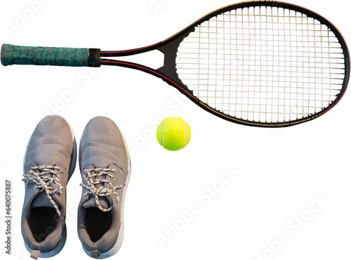 Digital png photo of sports shoes, tennis racket and ball on transparent background