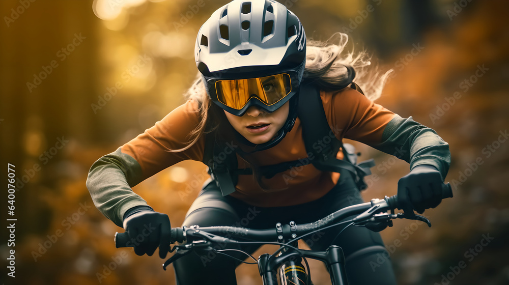 Portrait of young woman in helmet and google riding downhill mountainbike