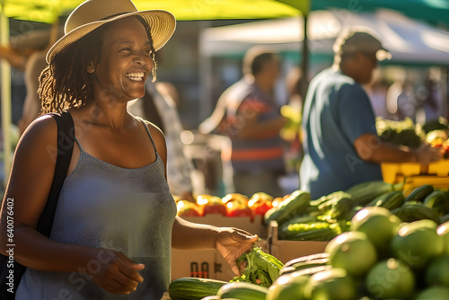 Mature woman shopping for organic fresh produce at local farmers market, senior woman buying various natural farm products at farmers market photo